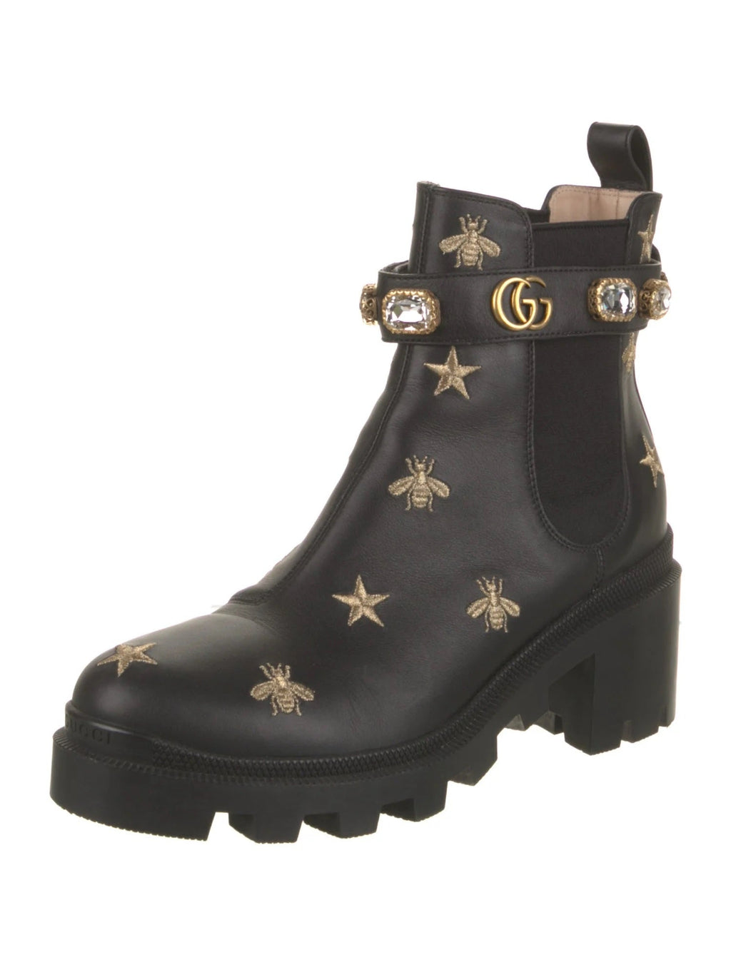 GUCCI STAR AND BEE EMBROIDERED LEATHER BOOTS