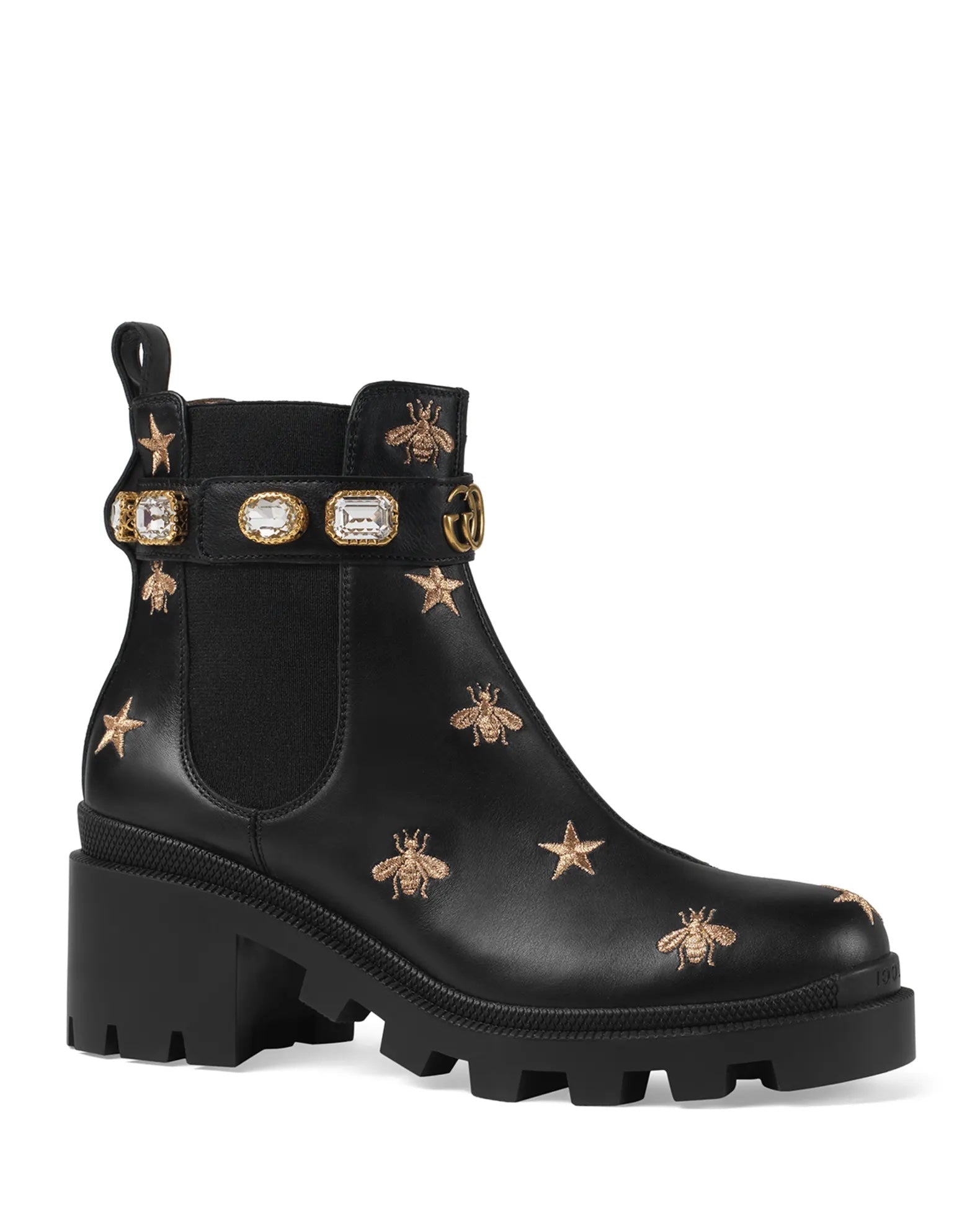 GUCCI STAR AND BEE EMBROIDERED LEATHER BOOTS