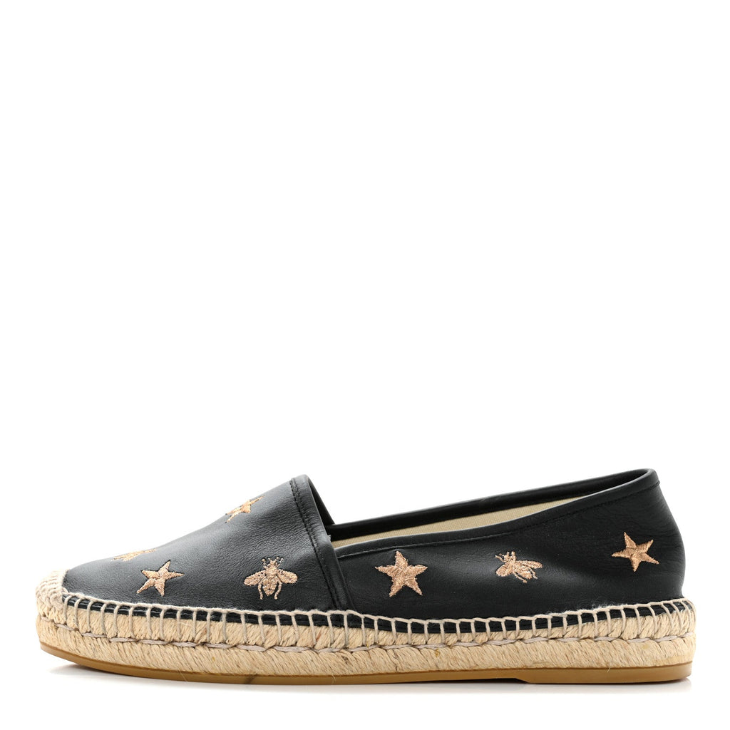 GUCCI CALFSKIN LEATHER BEE STAR EMBROIDERED ESPADRILLES