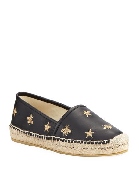 GUCCI CALFSKIN LEATHER BEE STAR EMBROIDERED ESPADRILLES