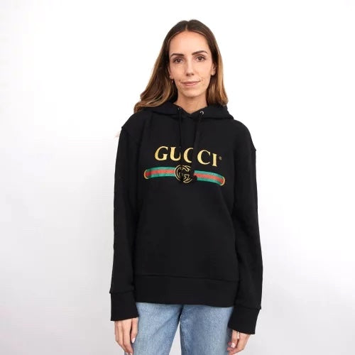 GUCCI METALLIC WEB LOGO HOODED WOLF PRINT SWEATSHIRT