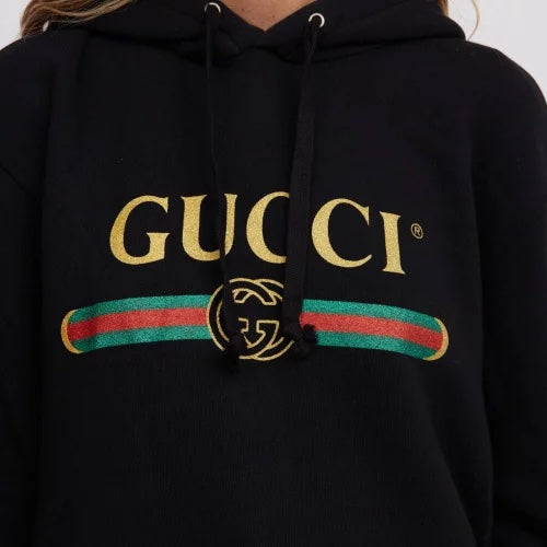 GUCCI METALLIC WEB LOGO HOODED WOLF PRINT SWEATSHIRT