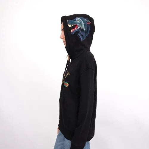 GUCCI METALLIC WEB LOGO HOODED WOLF PRINT SWEATSHIRT