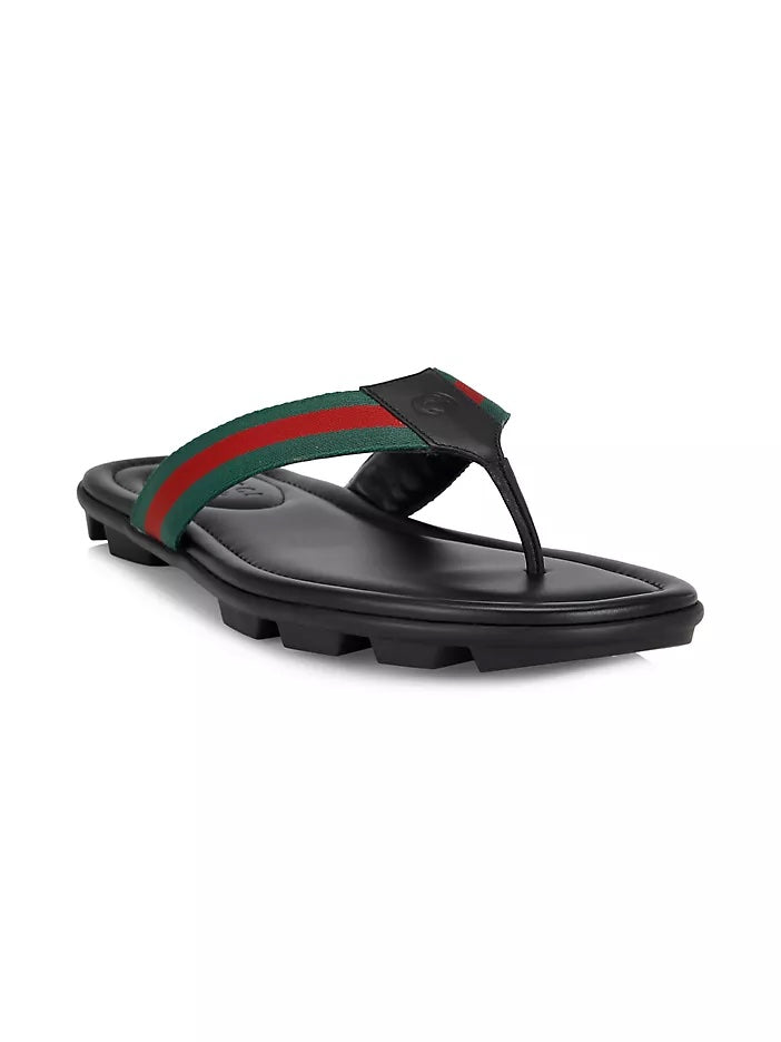 GUCCI WEB LEATHER THONG SLIDE SANDALS