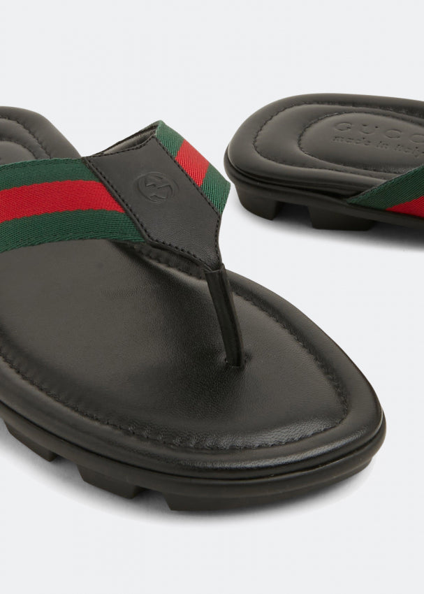 GUCCI WEB LEATHER THONG SLIDE SANDALS