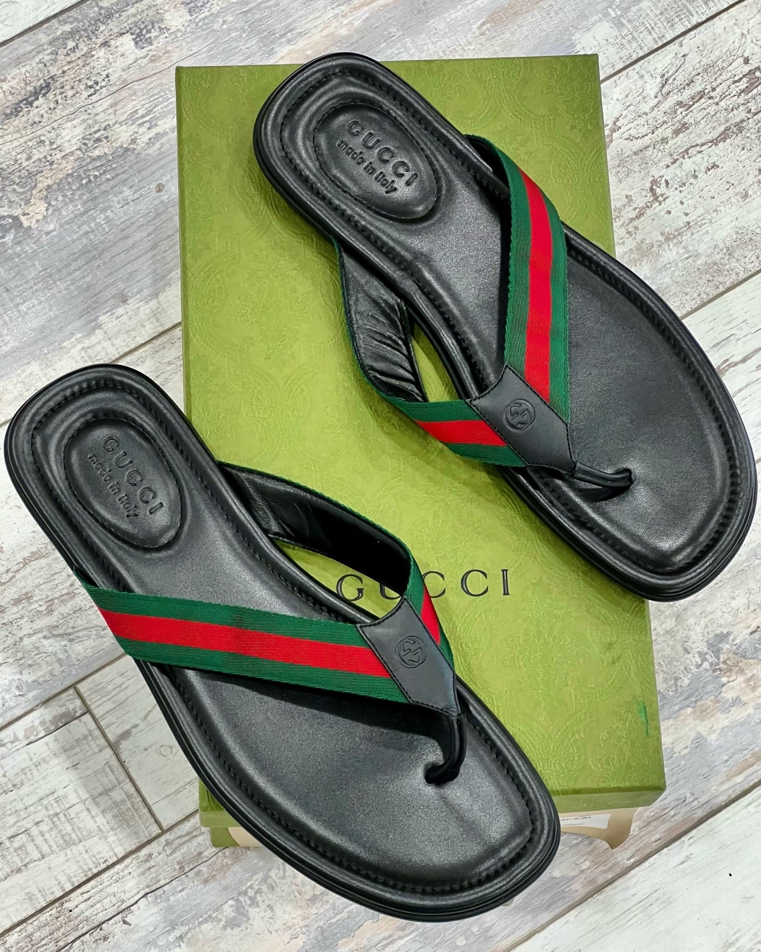 GUCCI WEB LEATHER THONG SLIDE SANDALS