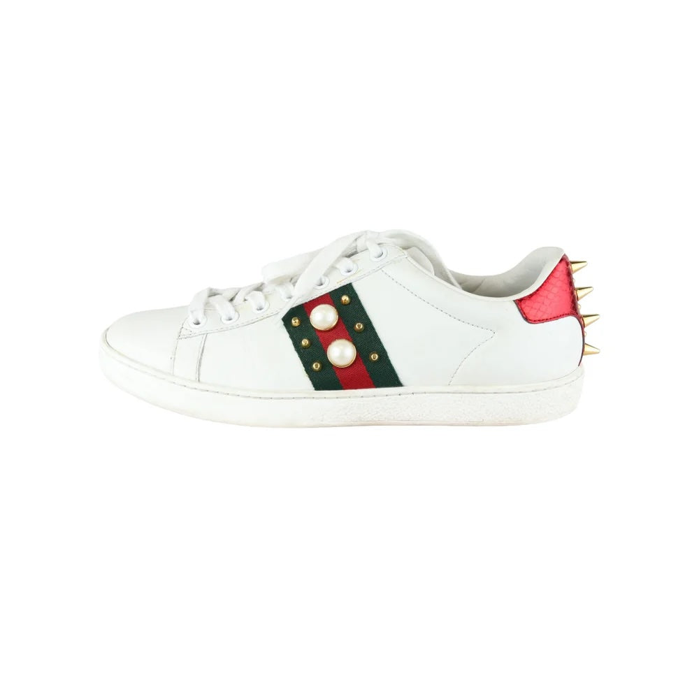 GUCCI WEB PEARL WOMEN'S ACE STUDDED CALFSKIN LEATHER SNEAKERS