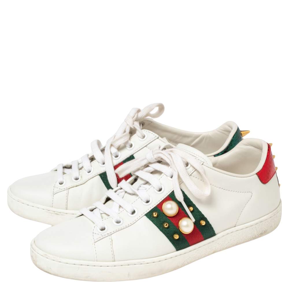 GUCCI WEB PEARL WOMEN'S ACE STUDDED CALFSKIN LEATHER SNEAKERS