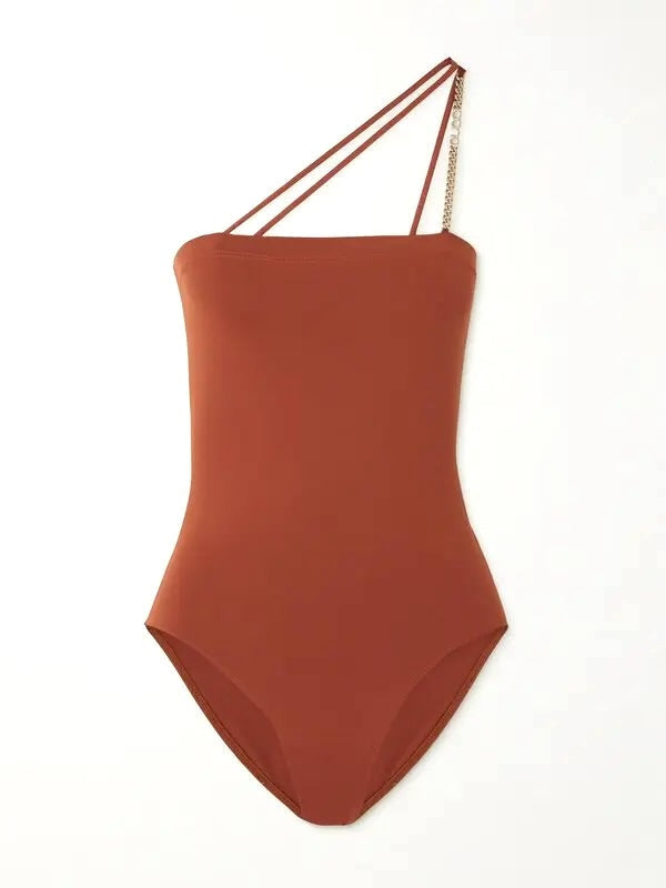 GUCCI ONE-SHOULDER CHAIN EMBELLISHED ONE-PIECE SWIMSUIT