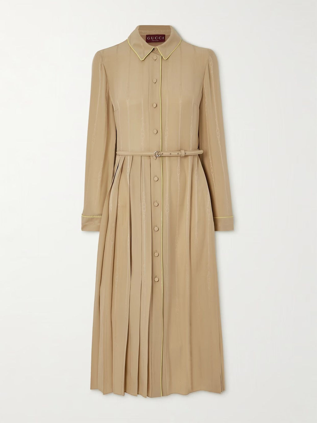 GUCCI BELTED PLEATED SILK-JACQUARD MIDI SHIRT DRESS