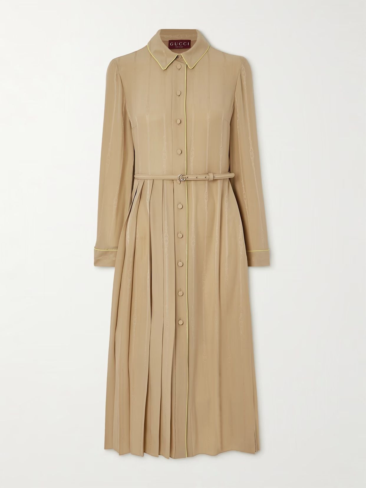 GUCCI BELTED PLEATED SILK-JACQUARD MIDI SHIRT DRESS