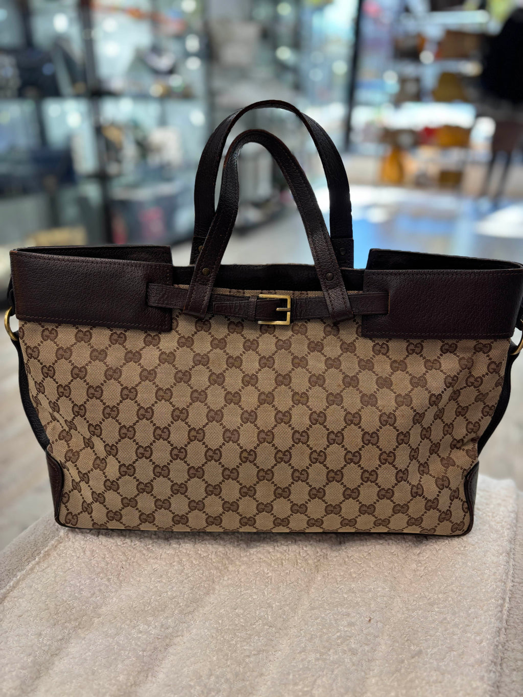 GUCCI GG CANVAS LEATHER TRIM VINTAGE BELTED TOTE BAG