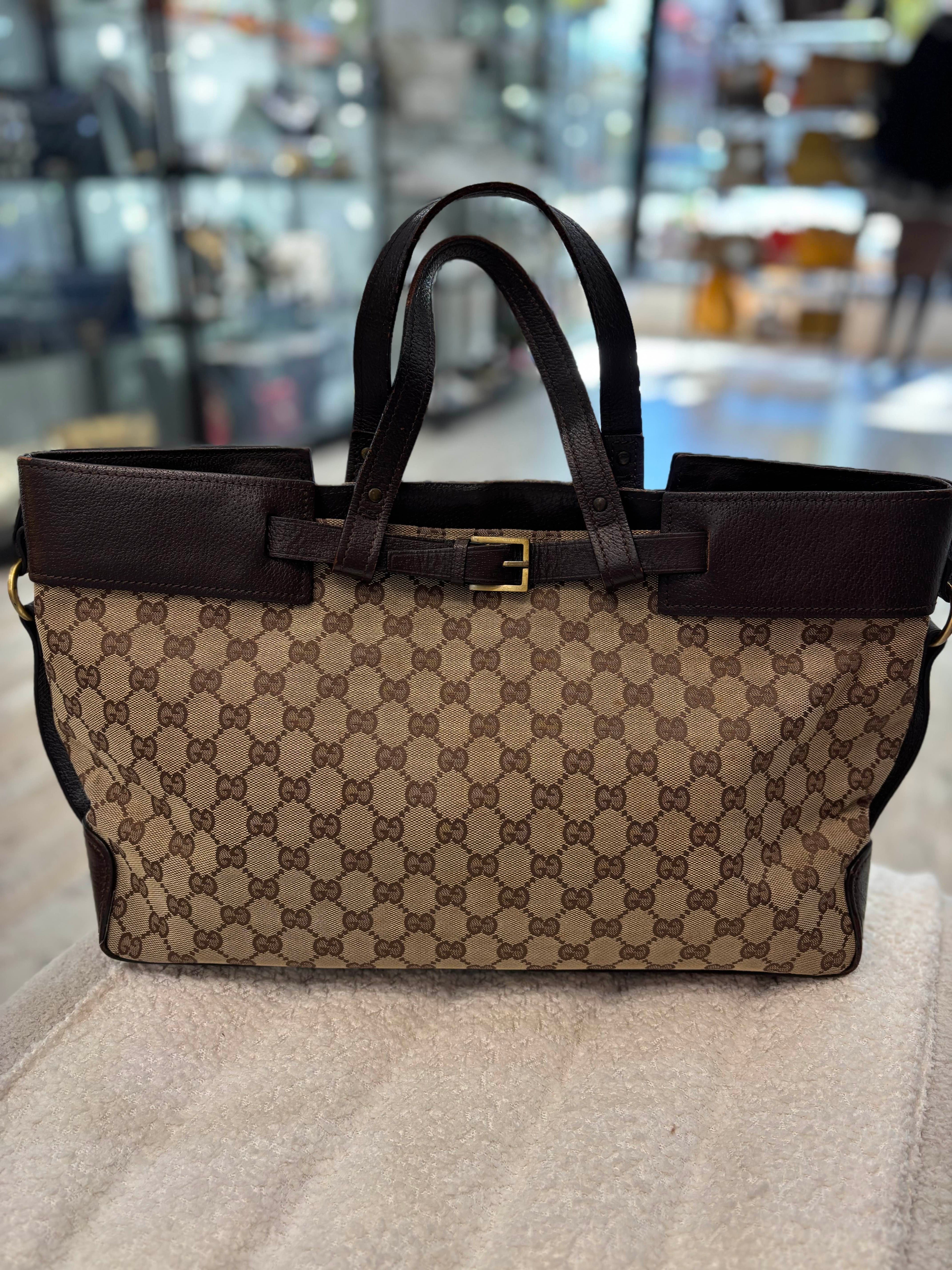 GUCCI GG CANVAS LEATHER TRIM VINTAGE BELTED TOTE BAG