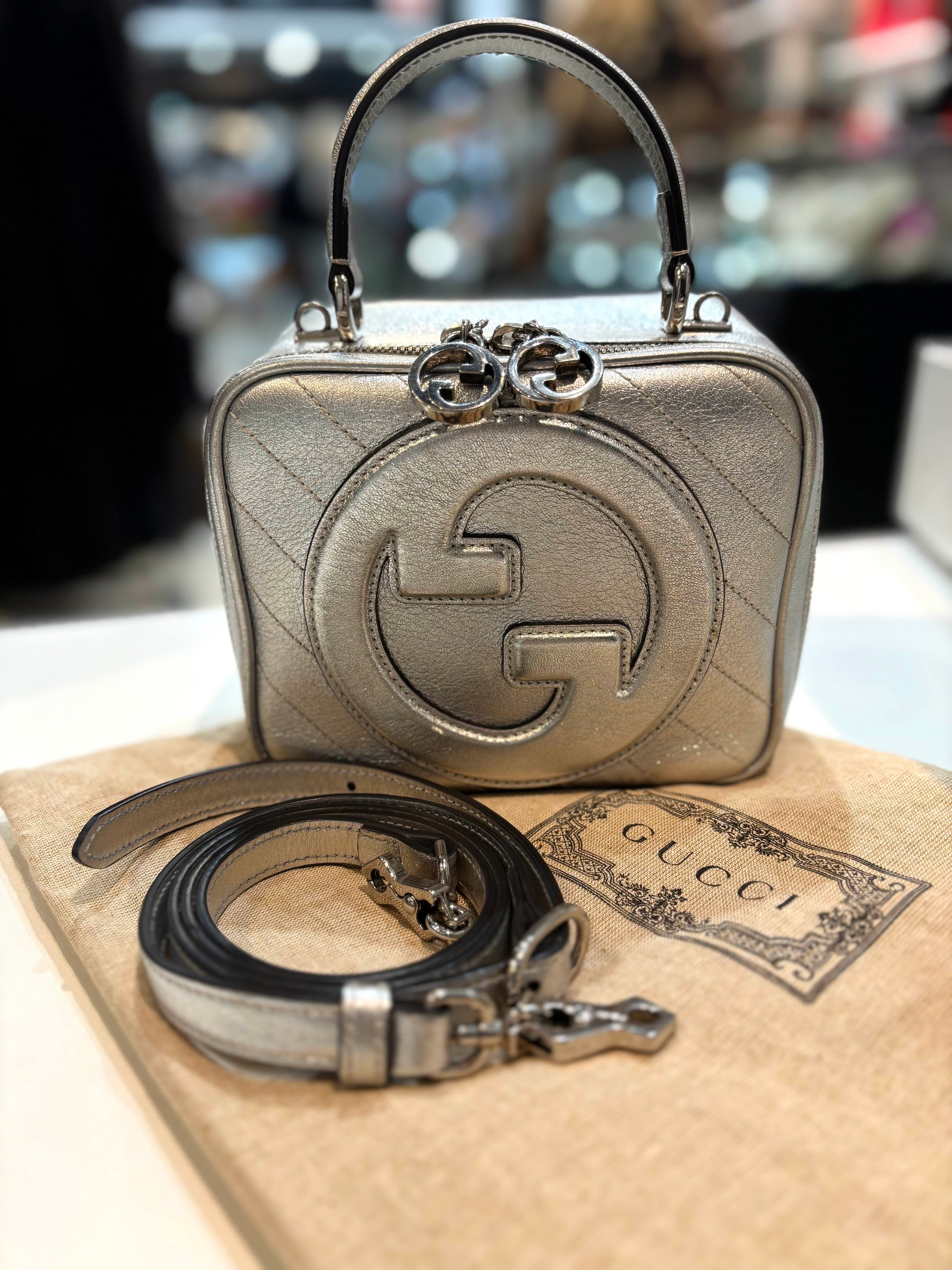 GUCCI BLONDIE METALLIC LEATHER TOP HANDLE BAG WITH STRAP