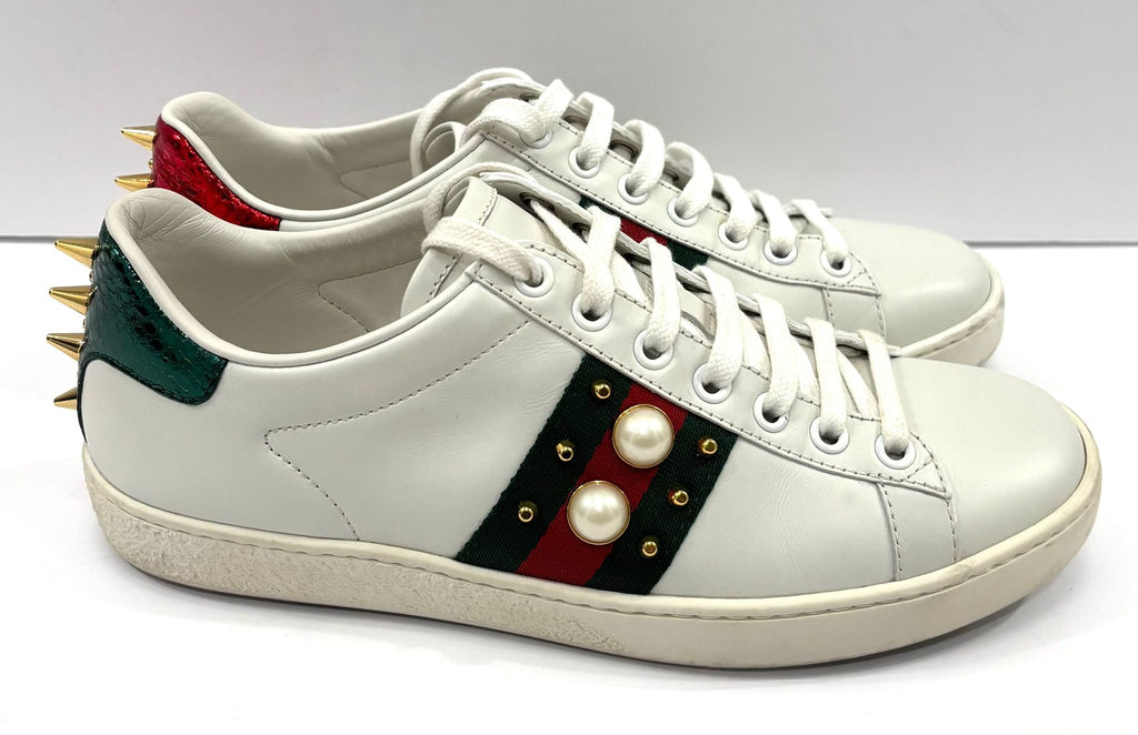 GUCCI WEB PEARL WOMEN'S ACE STUDDED CALFSKIN LEATHER SNEAKERS