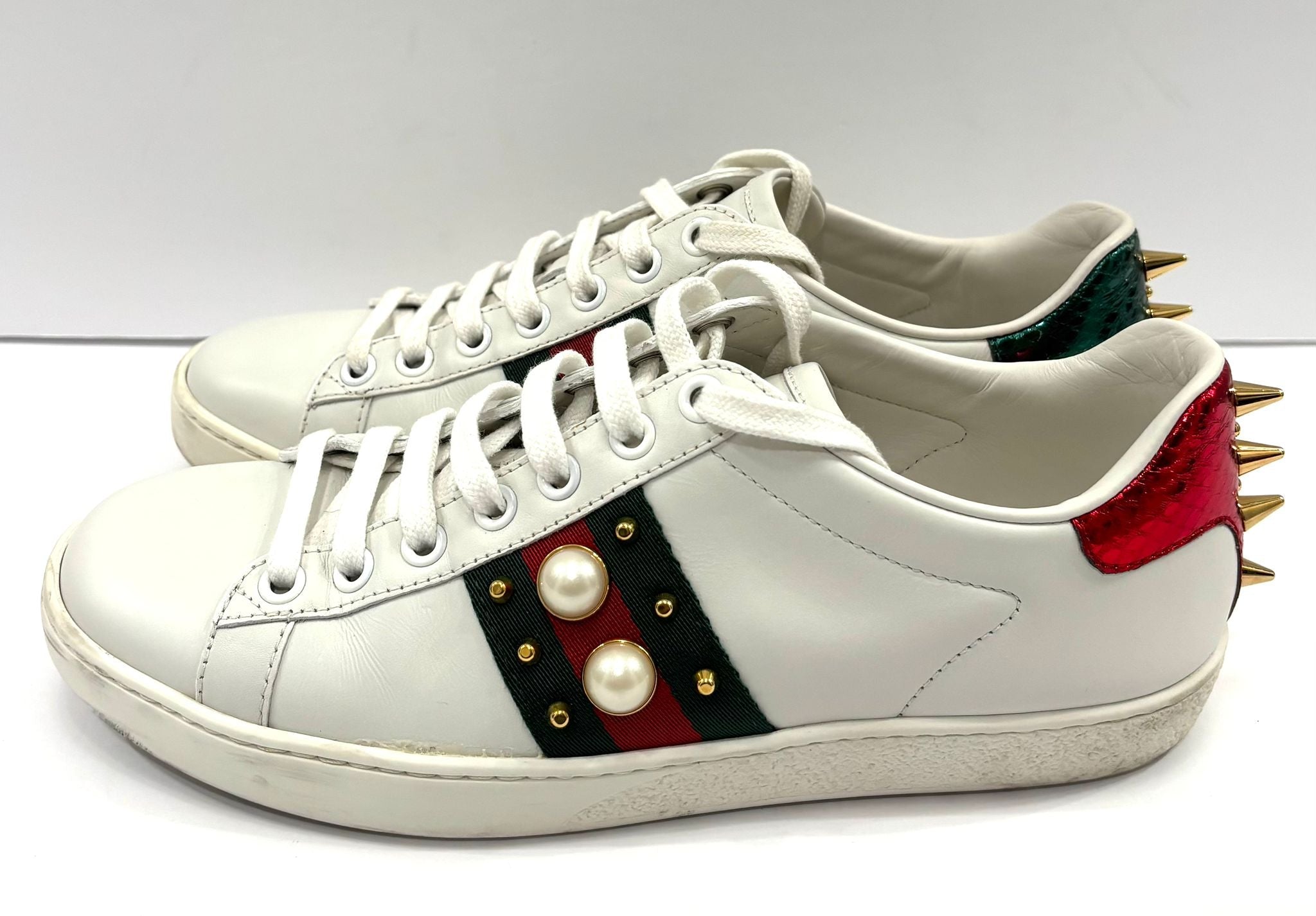 GUCCI WEB PEARL WOMEN'S ACE STUDDED CALFSKIN LEATHER SNEAKERS