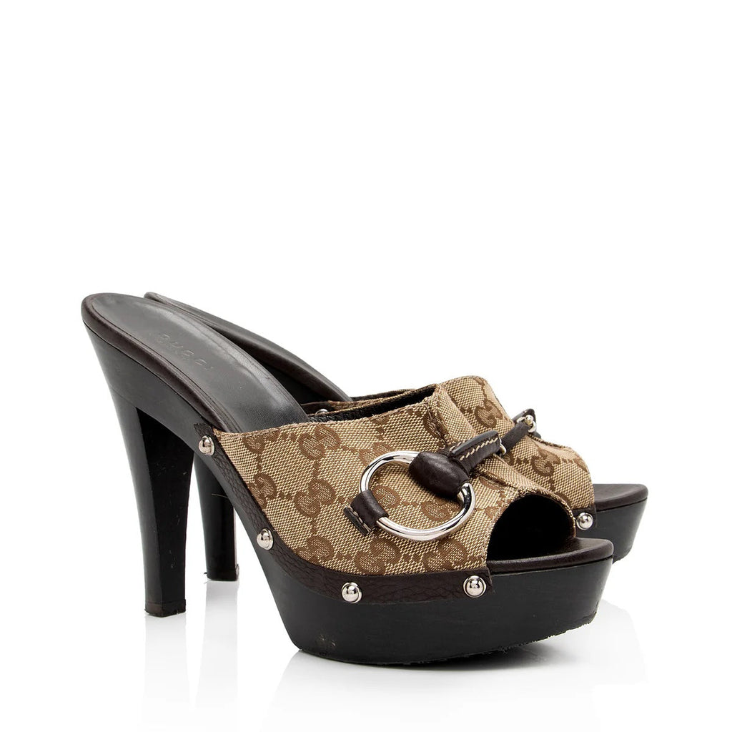 GUCCI MONOGRAM CELLARIUS SOFT CALFSKIN & CANVAS ICON BIT CLOGS