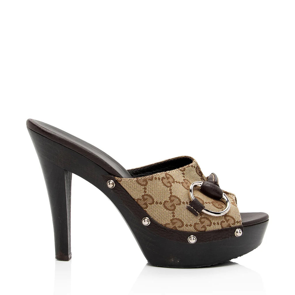 GUCCI MONOGRAM CELLARIUS SOFT CALFSKIN & CANVAS ICON BIT CLOGS