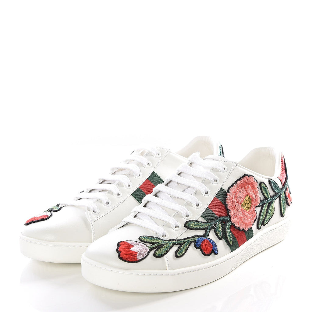 GUCCI Calfskin Web Floral Embroidered Ace Sneakers