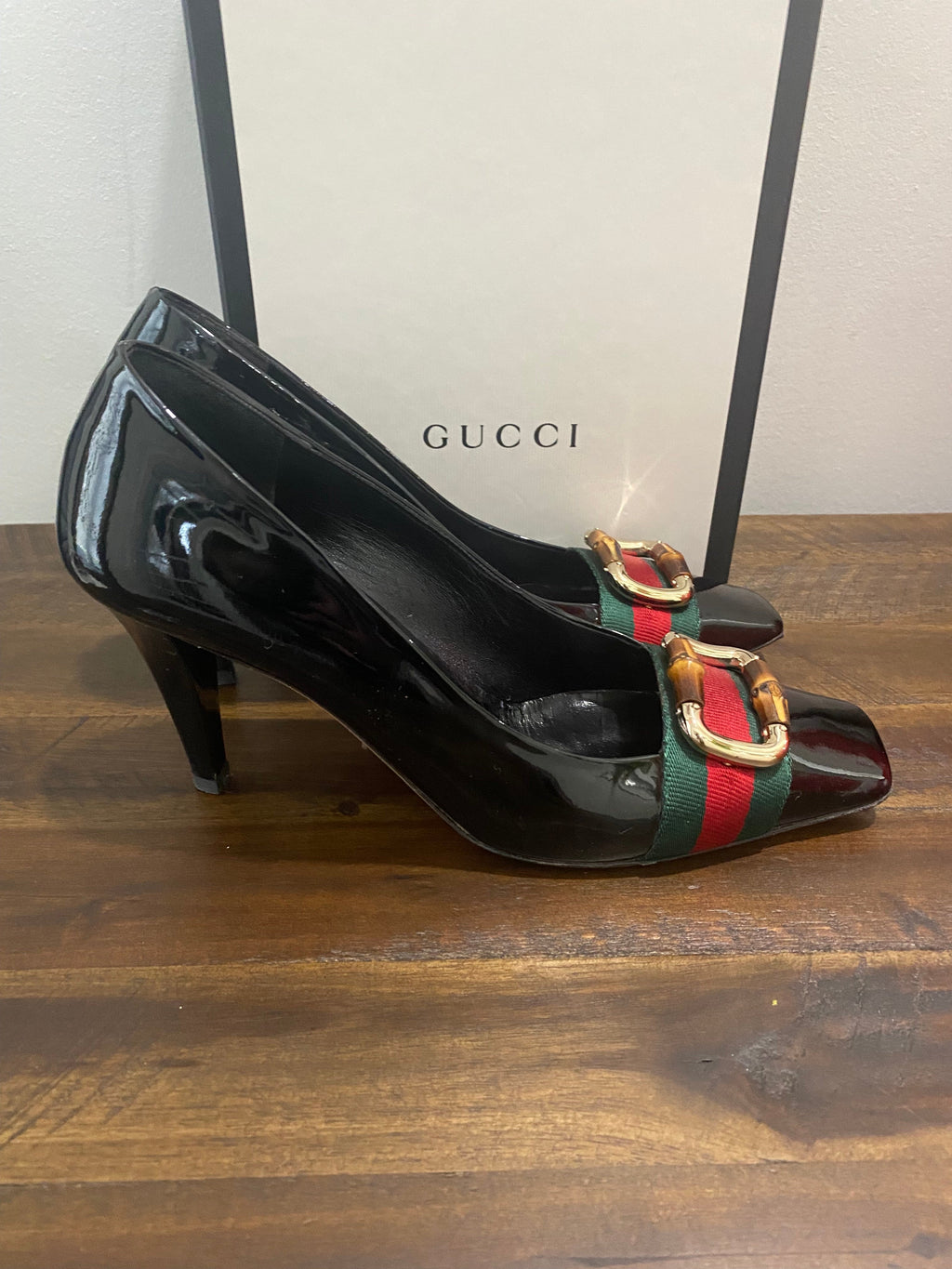 GUCCI BAMBOO WEB SQUARE TOE PUMPS