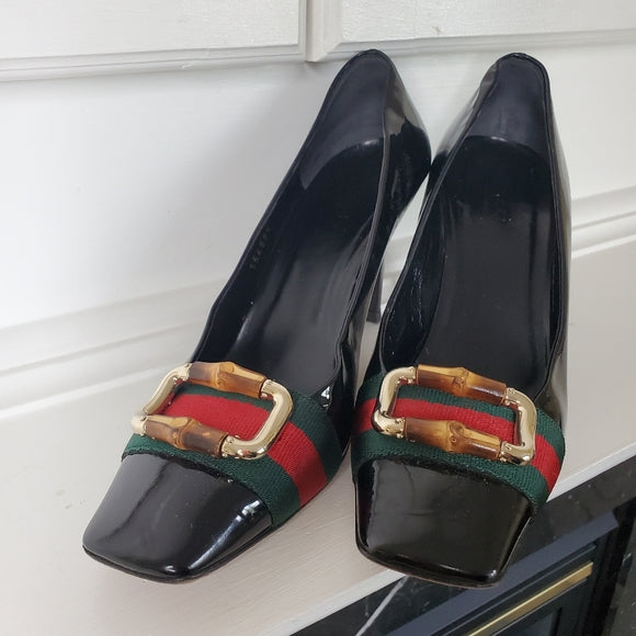 GUCCI BAMBOO WEB SQUARE TOE PUMPS
