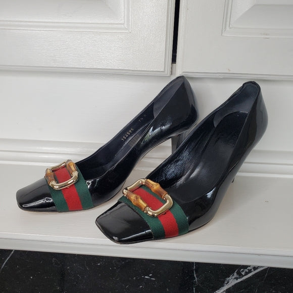 GUCCI BAMBOO WEB SQUARE TOE PUMPS