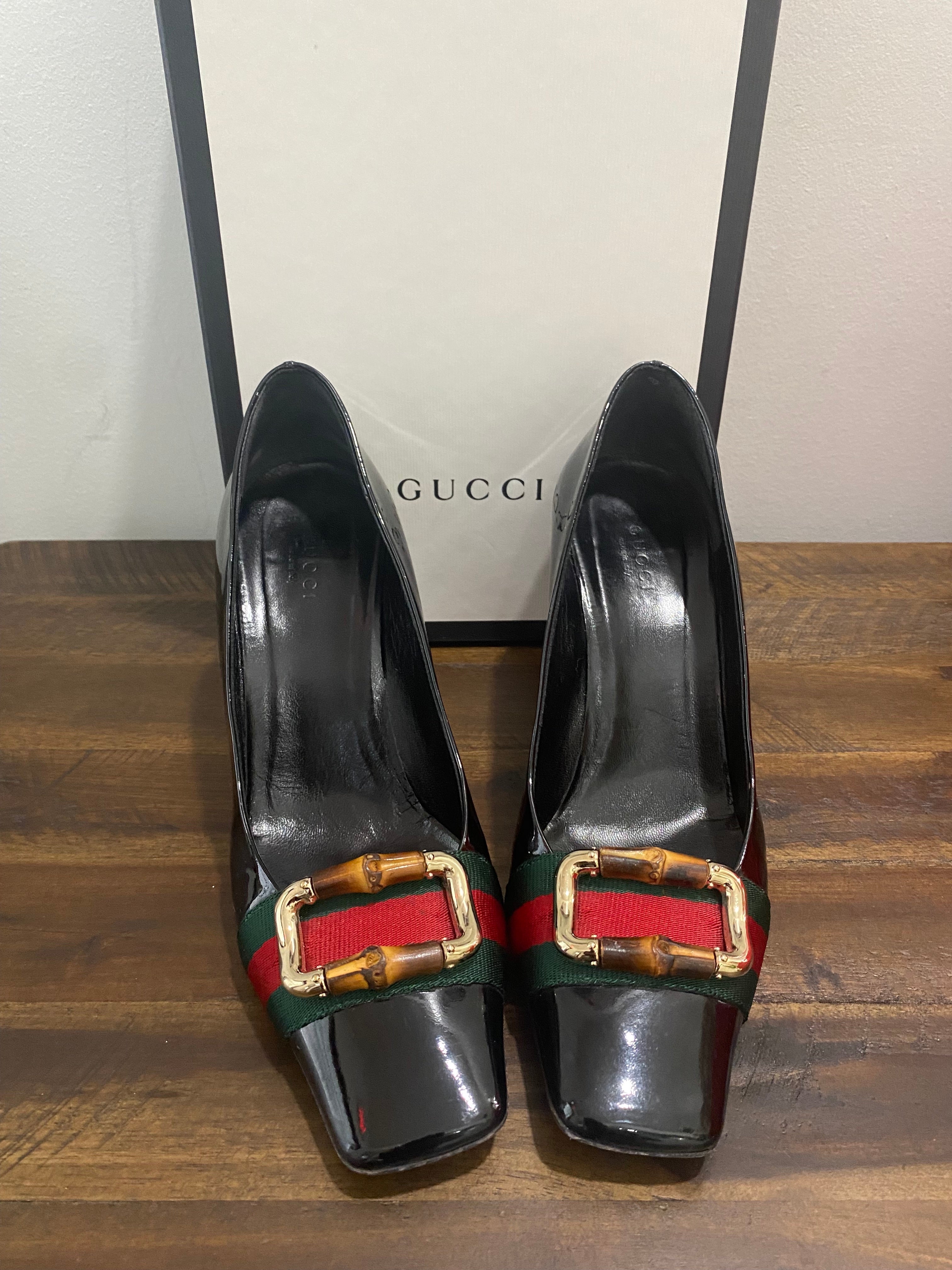 GUCCI BAMBOO WEB SQUARE TOE PUMPS