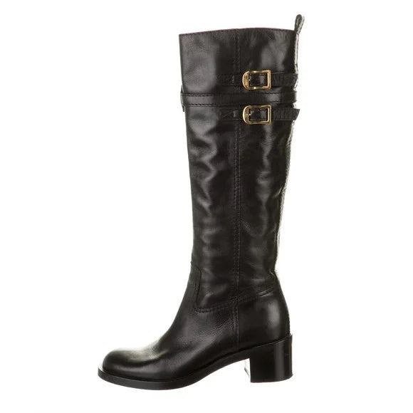 GUCCI BUCKLE RIDING KNEE HIGH LEATHER BOOTS