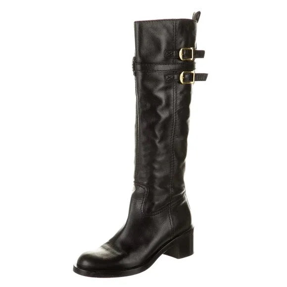GUCCI BUCKLE RIDING KNEE HIGH LEATHER BOOTS