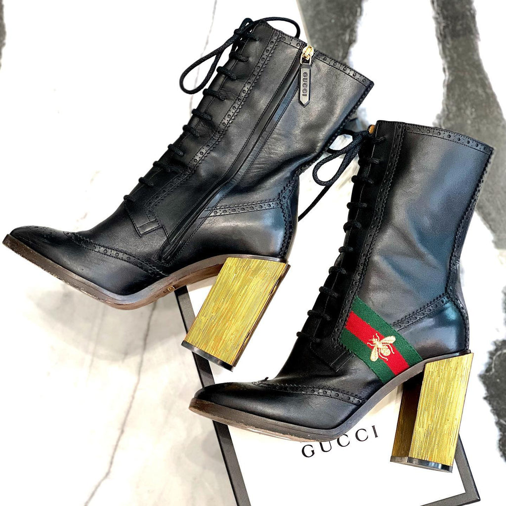GUCCI GG WEB BEE LEATHER ANKLE BOOTS