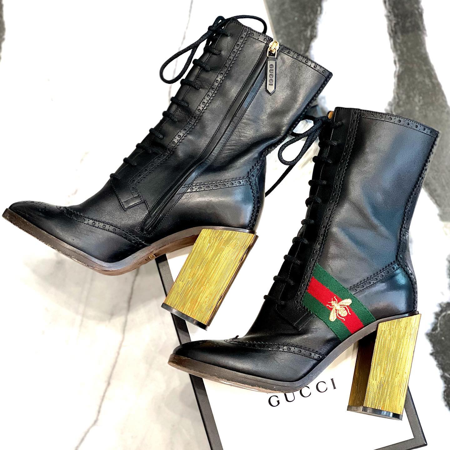 GUCCI GG WEB BEE LEATHER ANKLE BOOTS