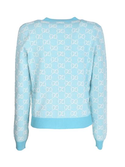 GUCCI COTTON AND WOOL PIQUE GG CARDIGAN IN LIGHT BLUE