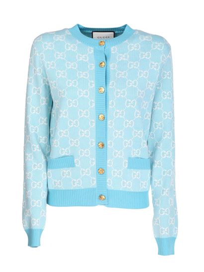 GUCCI COTTON AND WOOL PIQUE GG CARDIGAN IN LIGHT BLUE