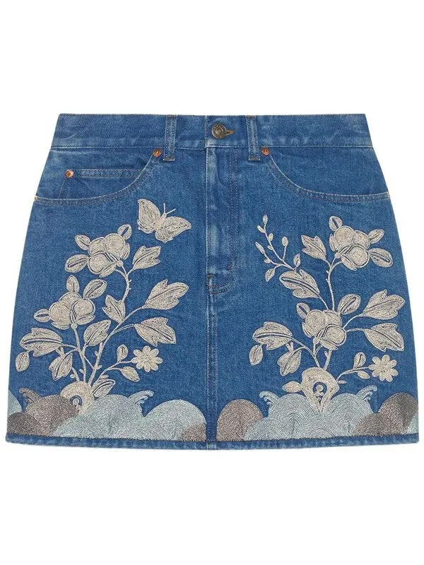 GUCCI EMBROIDERED DENIM MINI SKIRT