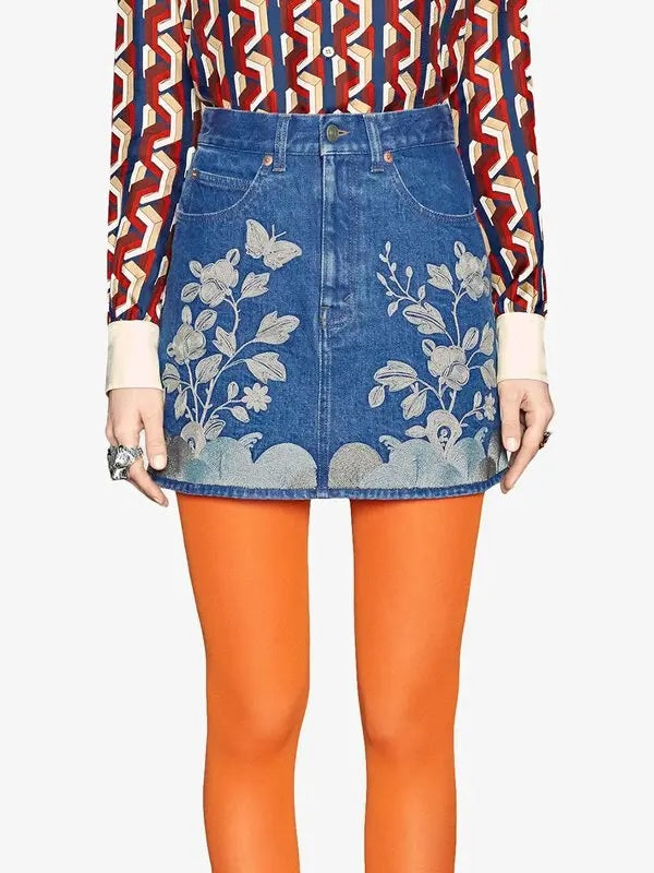 GUCCI EMBROIDERED DENIM MINI SKIRT