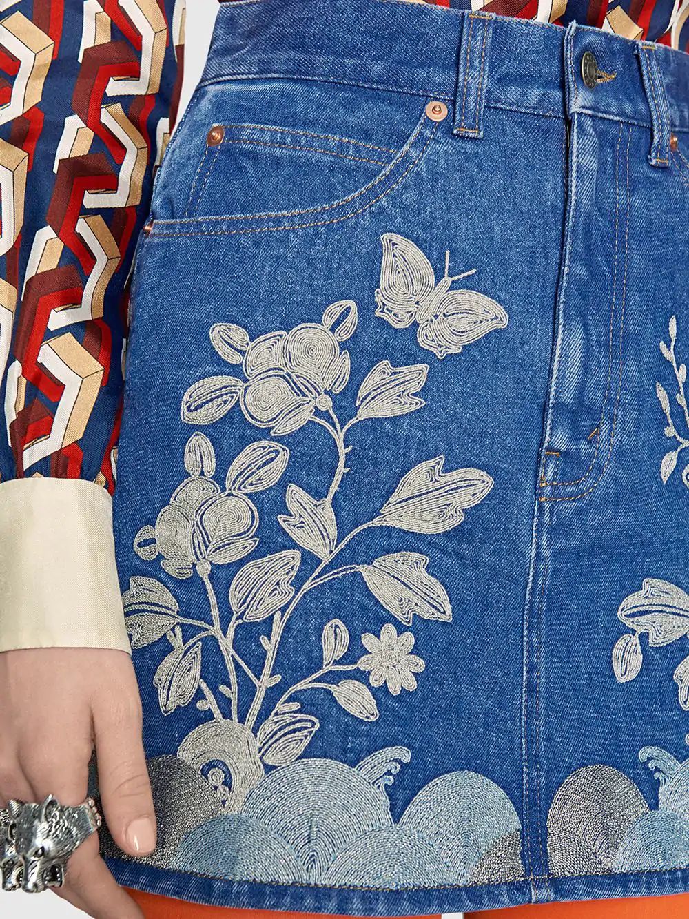 GUCCI EMBROIDERED DENIM MINI SKIRT