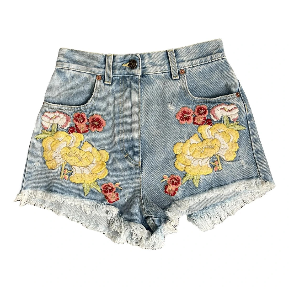 GUCCI EMBROIDERED RAW EDGE DENIM SHORTS