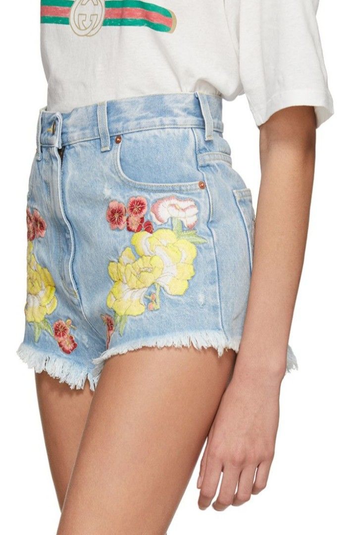 GUCCI EMBROIDERED RAW EDGE DENIM SHORTS