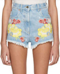 GUCCI EMBROIDERED RAW EDGE DENIM SHORTS