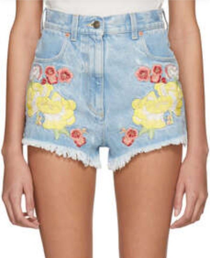 GUCCI EMBROIDERED RAW EDGE DENIM SHORTS