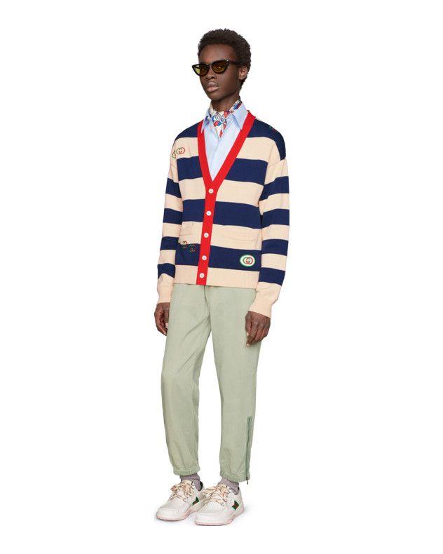 GUCCI EMBROIDERED STRIPED KNIT CARDIGAN
