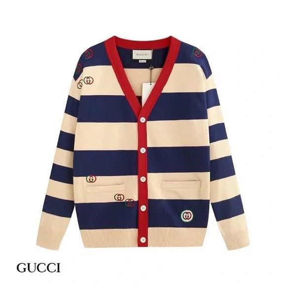 GUCCI EMBROIDERED STRIPED KNIT CARDIGAN