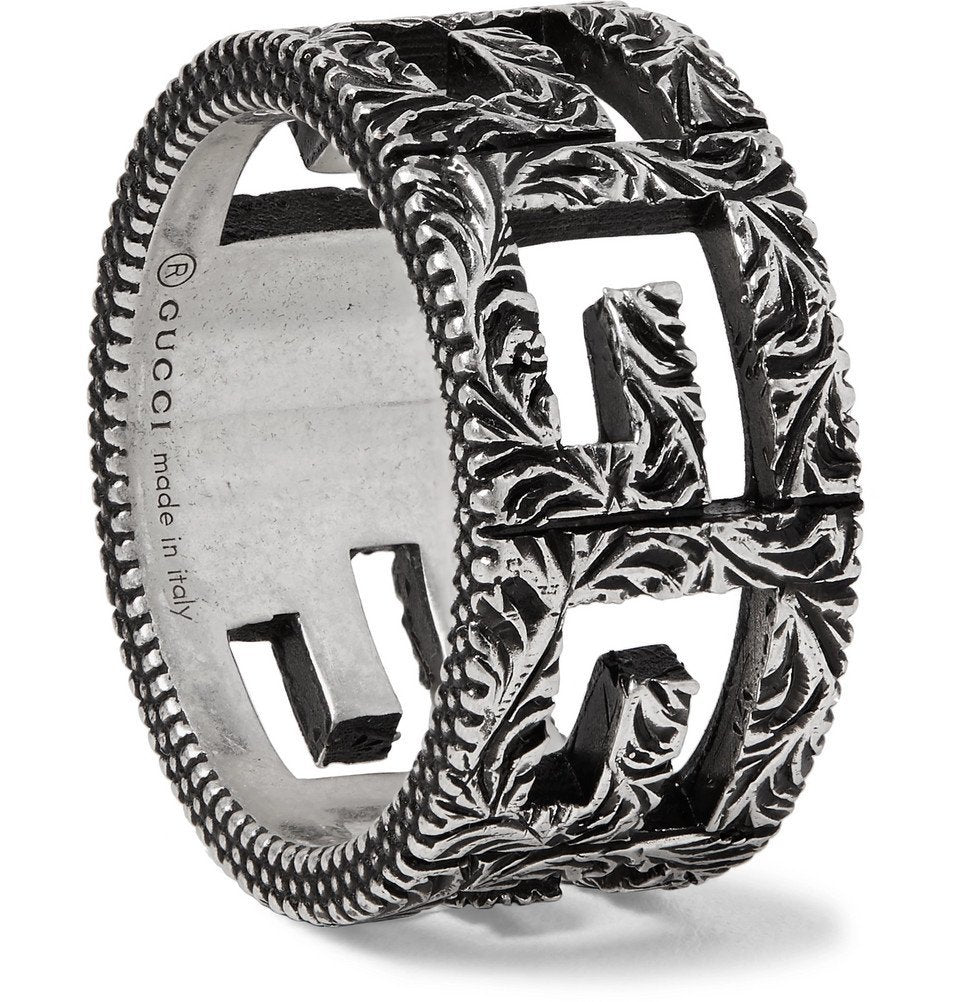 GUCCI ENGRAVED BURNISHED STERLING SILVER RING