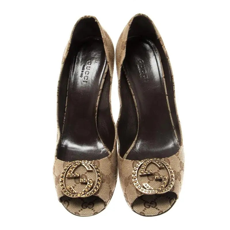 GUCCI GG CANVAS LOGO PEEP TOE PUMPS