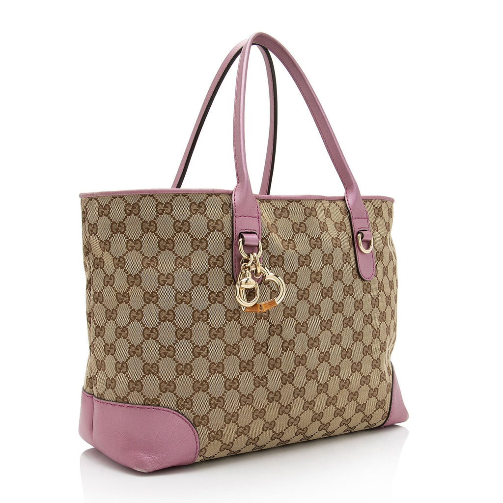 Gucci GG Canvas Metallic Leather Heart Bit Charm Medium Tote (SHF-5MJYxM)