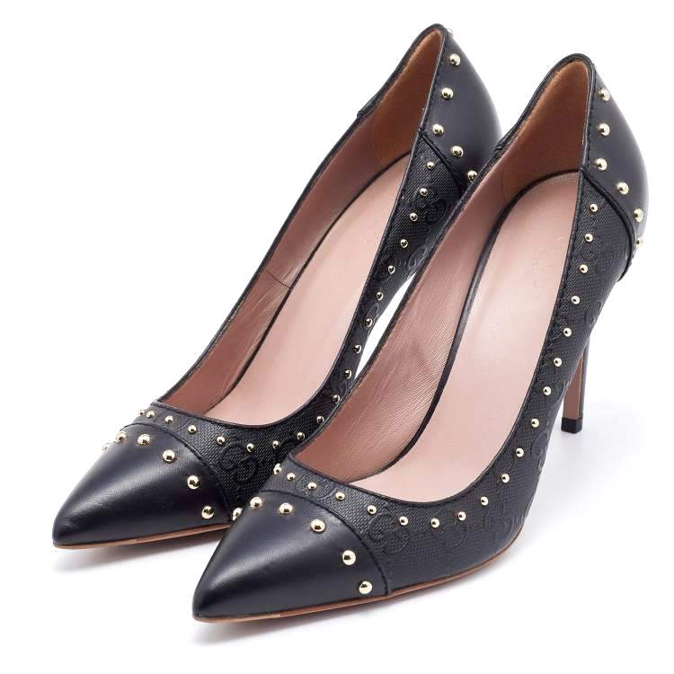 GUCCI GG EMBOSSED CALFSKIN LEATHER STUD EMBELLISHED PUMPS