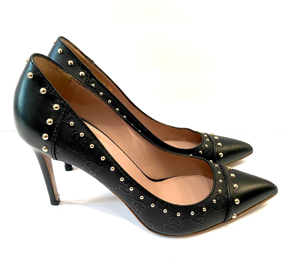 GUCCI GG EMBOSSED CALFSKIN LEATHER STUD EMBELLISHED PUMPS
