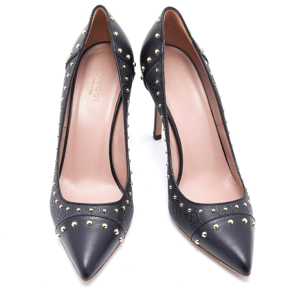 GUCCI GG EMBOSSED CALFSKIN LEATHER STUD EMBELLISHED PUMPS