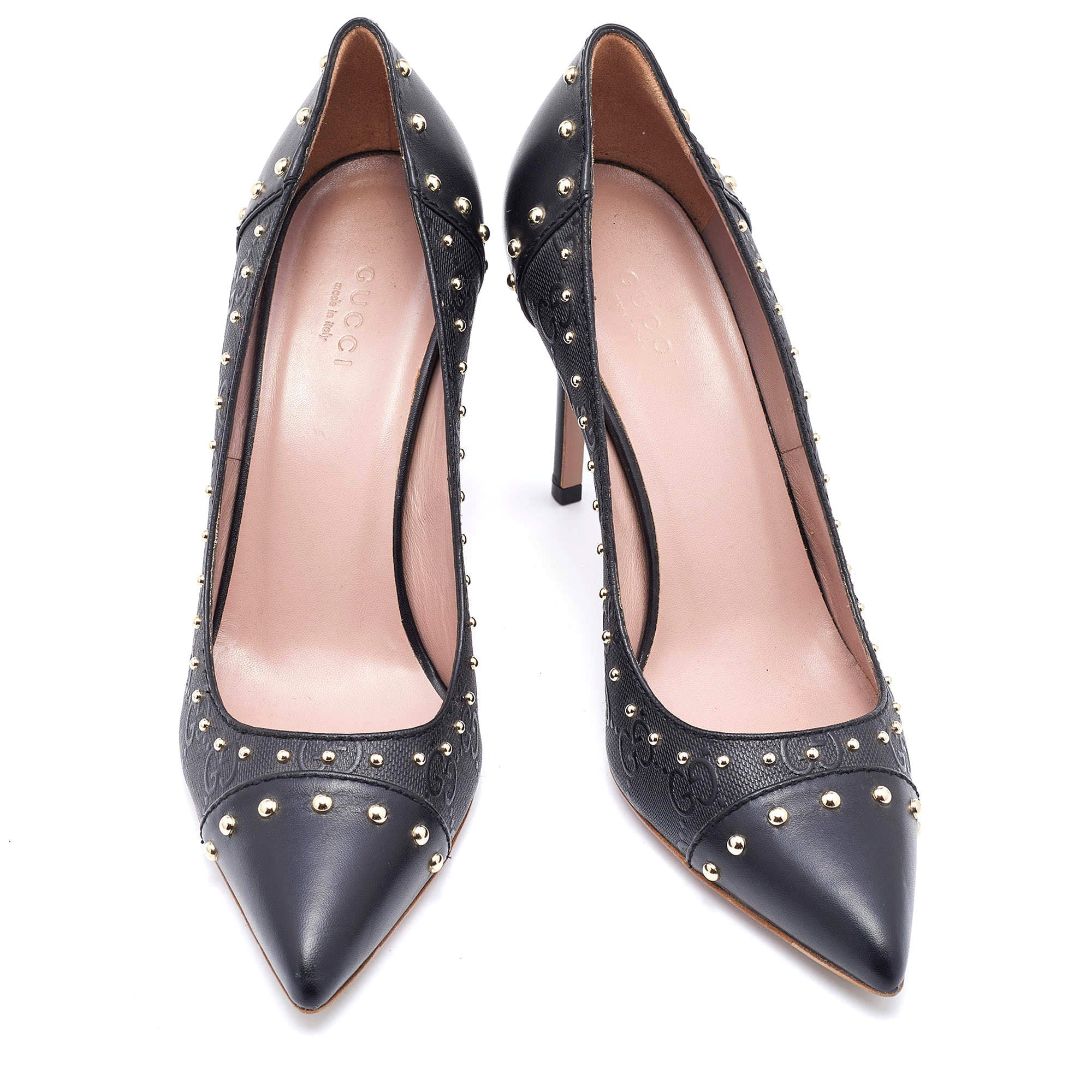 GUCCI GG EMBOSSED CALFSKIN LEATHER STUD EMBELLISHED PUMPS