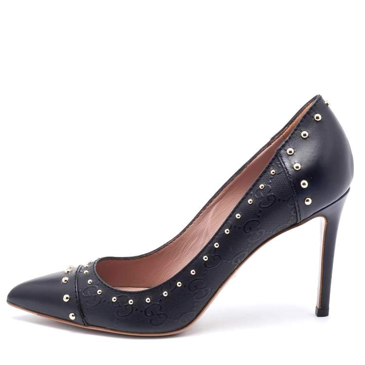 GUCCI GG EMBOSSED CALFSKIN LEATHER STUD EMBELLISHED PUMPS